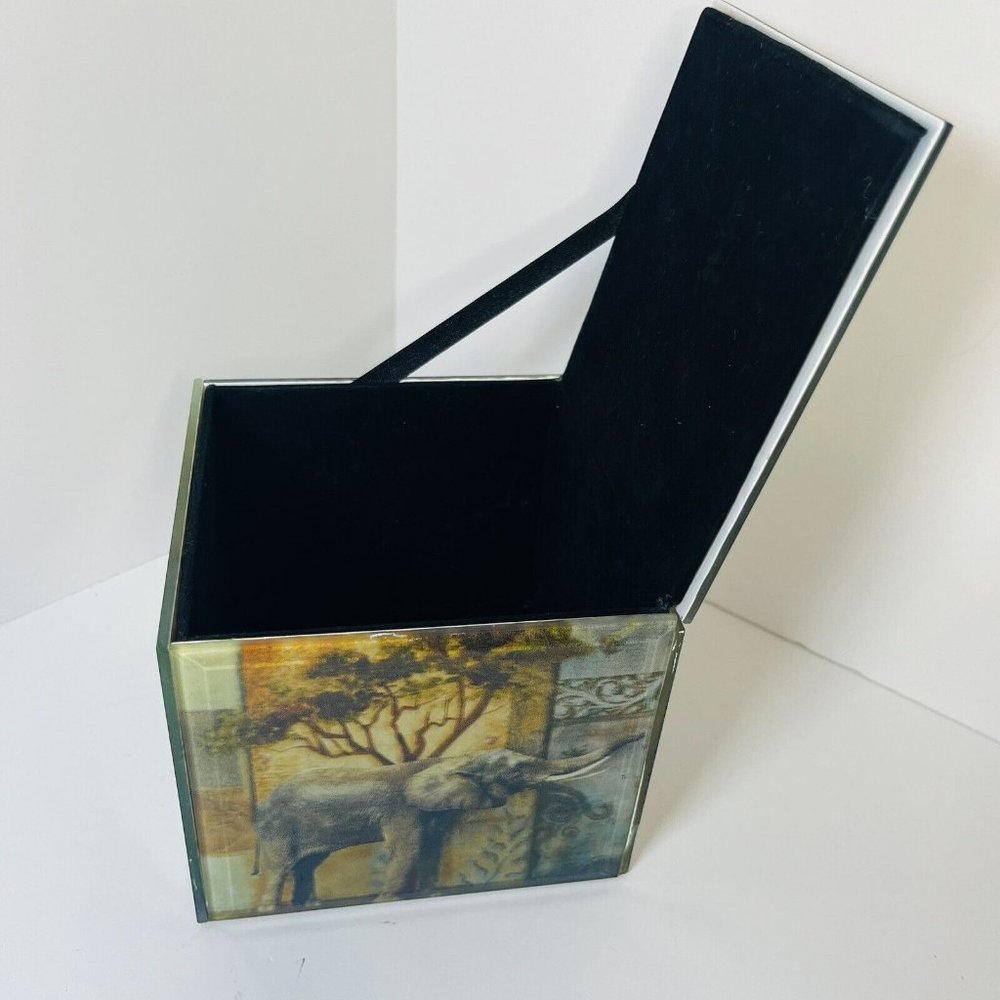 Keepsake Box Jewelry Trinket Square Beveled Glass Elephant Scene Velvet Liner